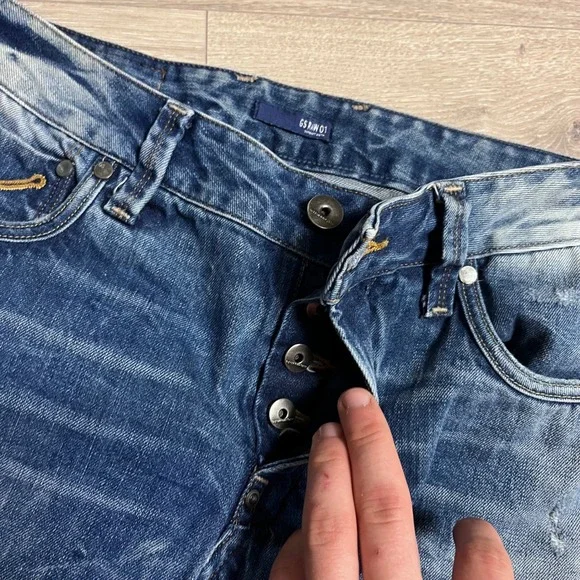 Y2K G Star RAW Attacc Low Straight Jeans Blue Distressed Denim Jeans Size 30